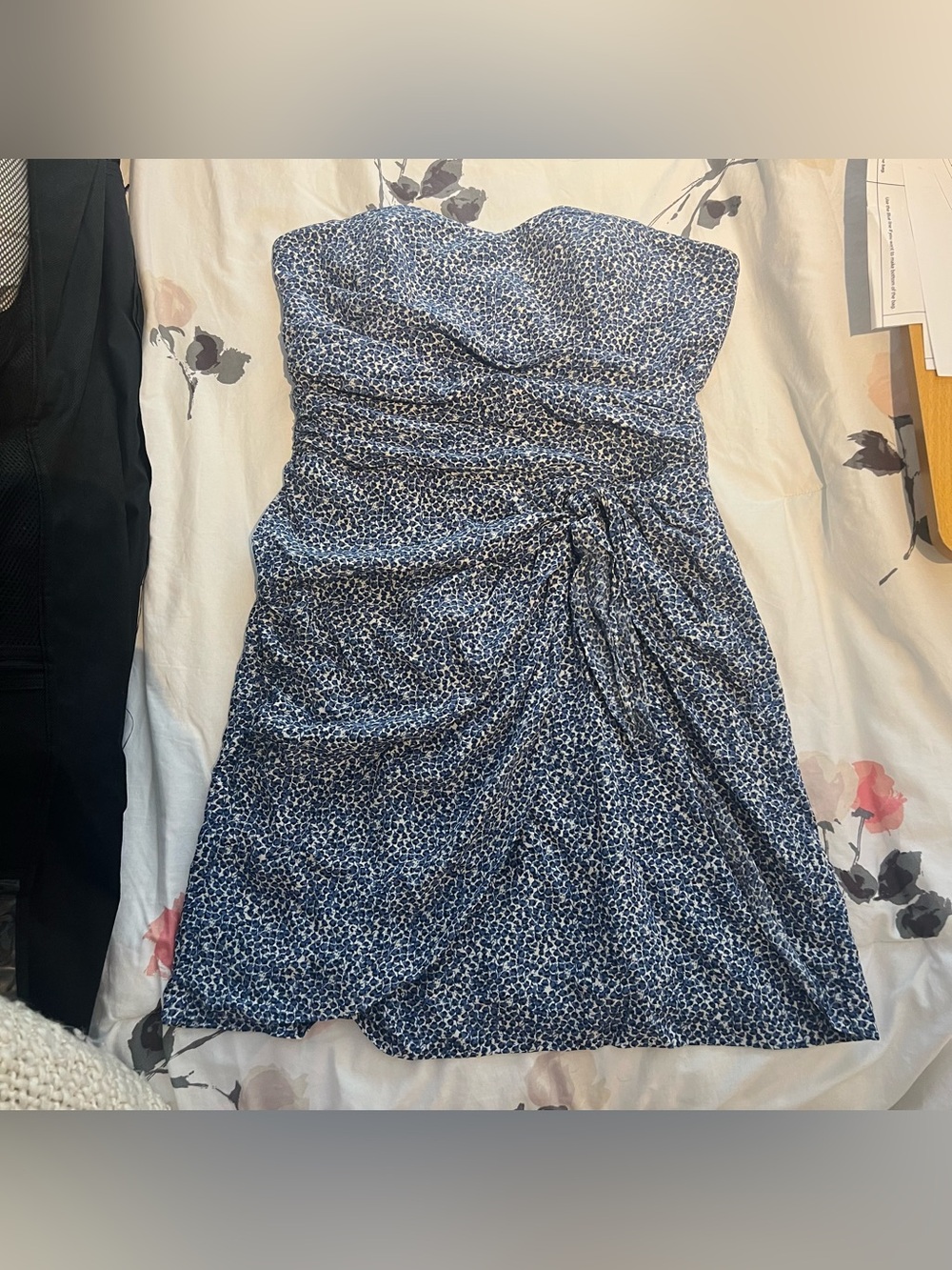 Club Monaco Strapless Navy and White Floral Silk cocktail Dress with Boning